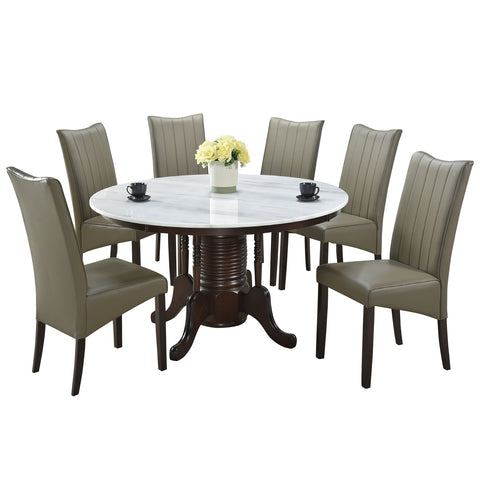 Image of Saniti Series 1+6 Natural Marble Dining Set Table with Grey Leather Chair