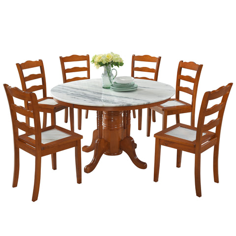 Image of Saniti Series 1+6 Natural Marble Dining Set Table with Chair in Cherry Colour