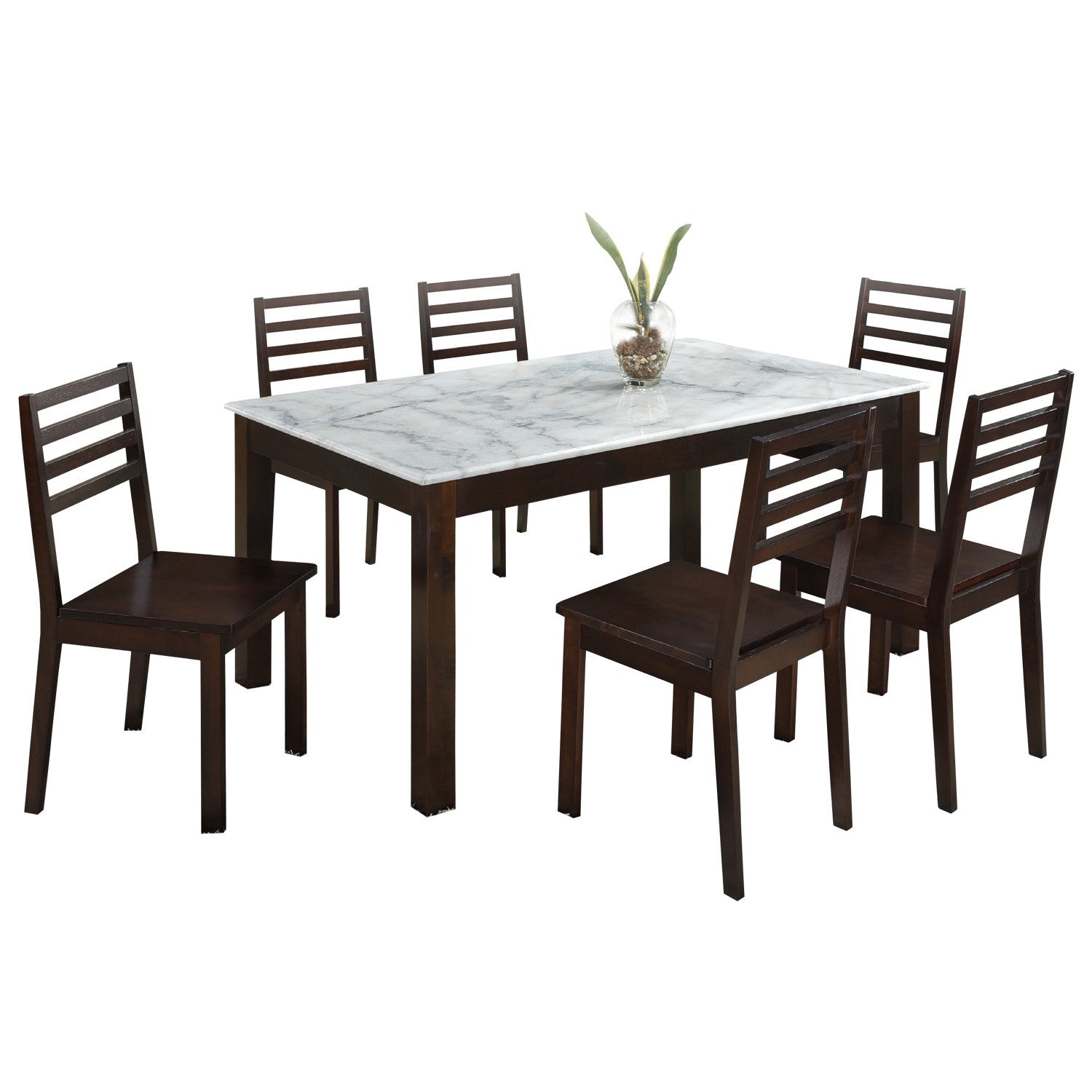 Saniti Series 1+6 Natural Marble Dining Set Table with Chair in Walnut Colour