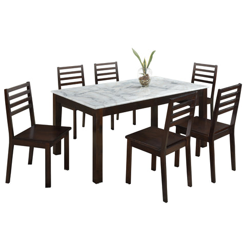 Image of Saniti Series 1+6 Natural Marble Dining Set Table with Chair in Walnut Colour