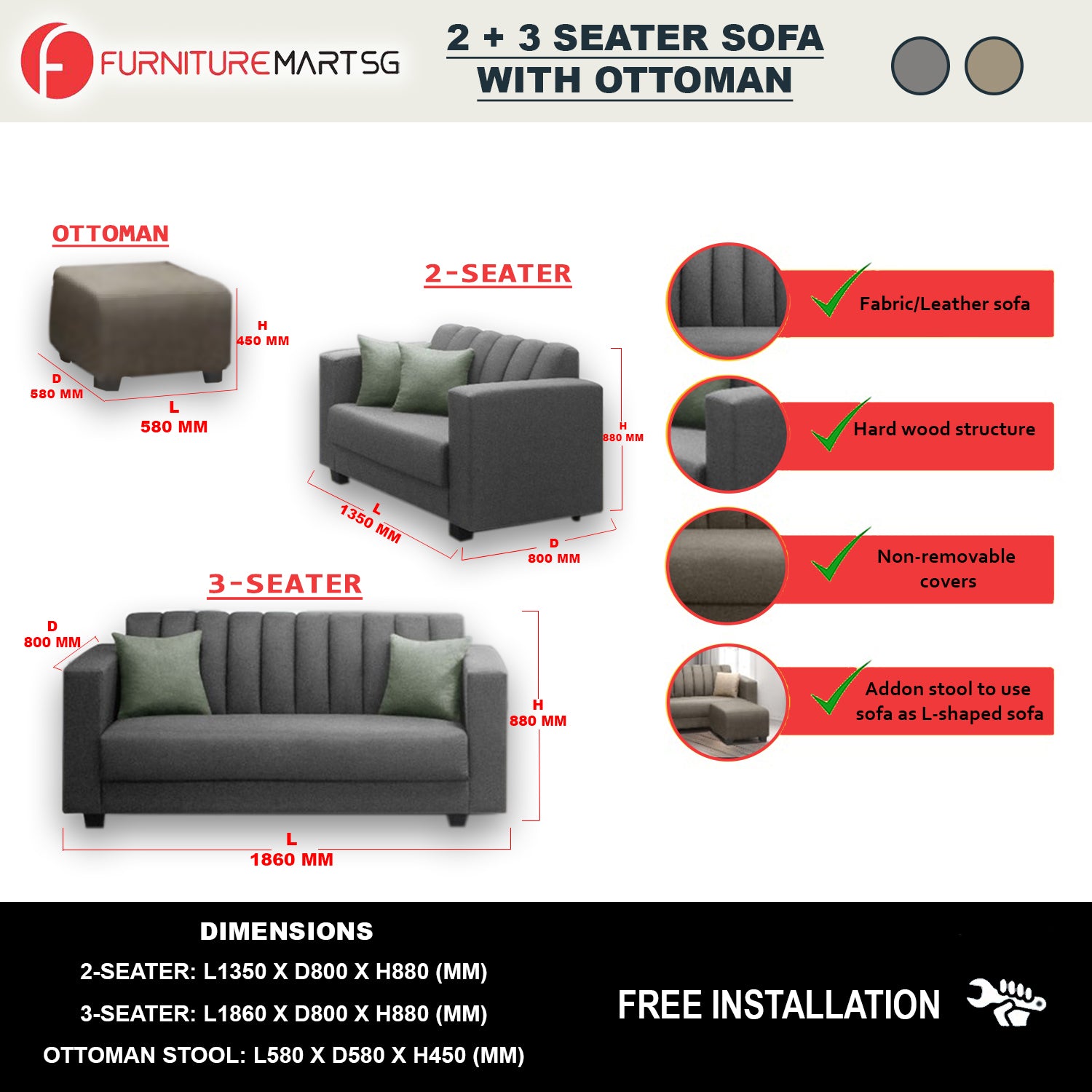 Aberdeen 2 + 3 seater Sofa L-shape with ottoman in 4 Colours