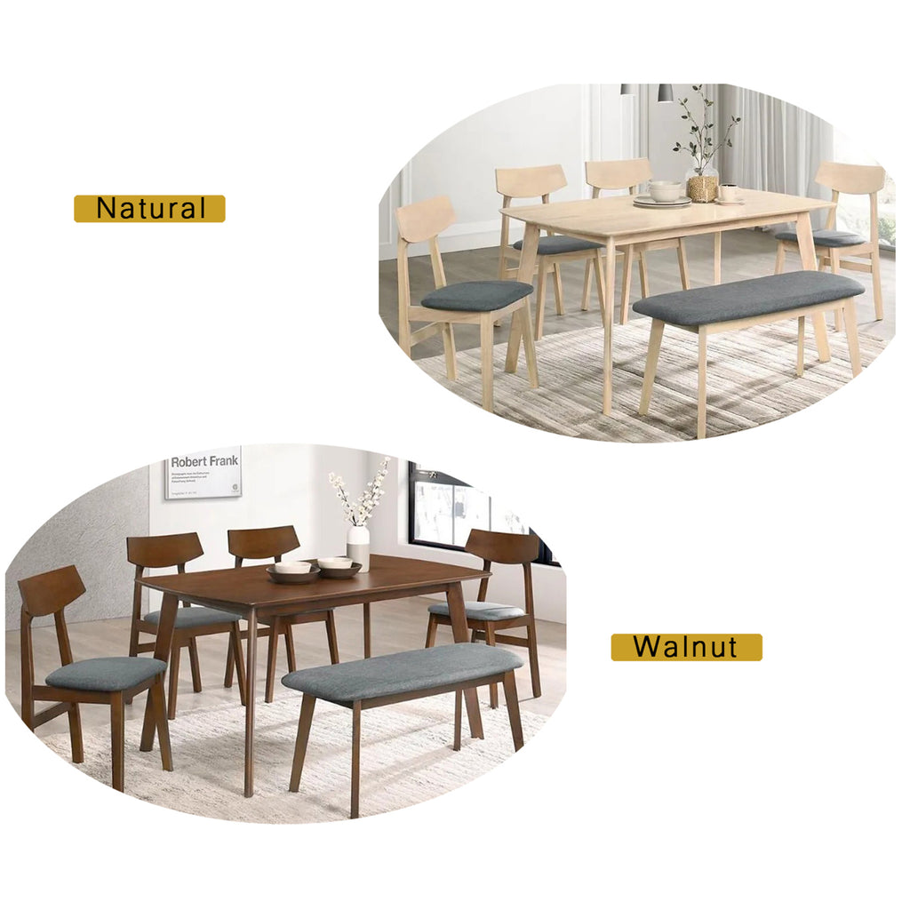 KEN Solid Rubberwood 6 Seater Dining Set with Bench Natural/Walnut