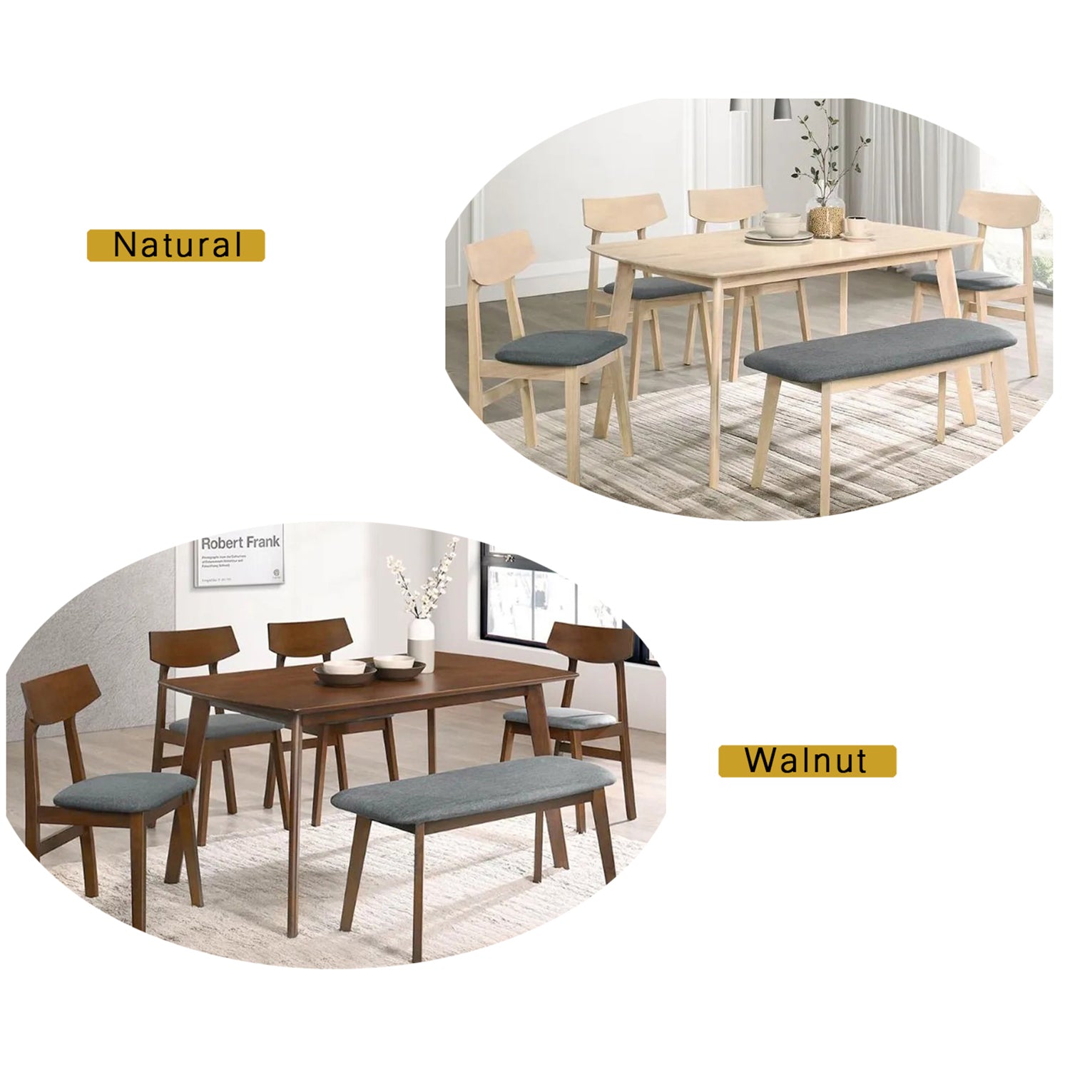 KEN Solid Rubberwood 6 Seater Dining Set with Bench Natural/Walnut