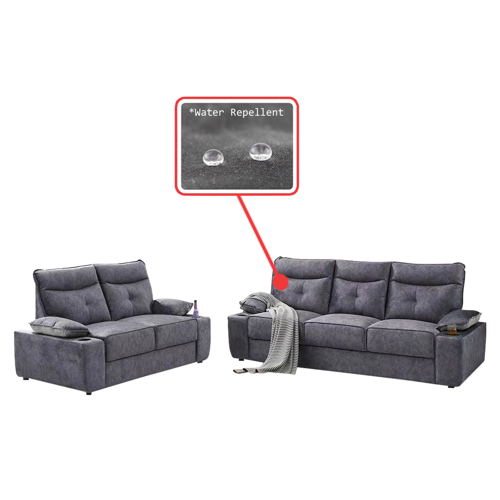 Cheska Series 2-Seater + 3-Seater Sofa Set w/ Bottle Holder Premium Water Repellent Fabric in Grey