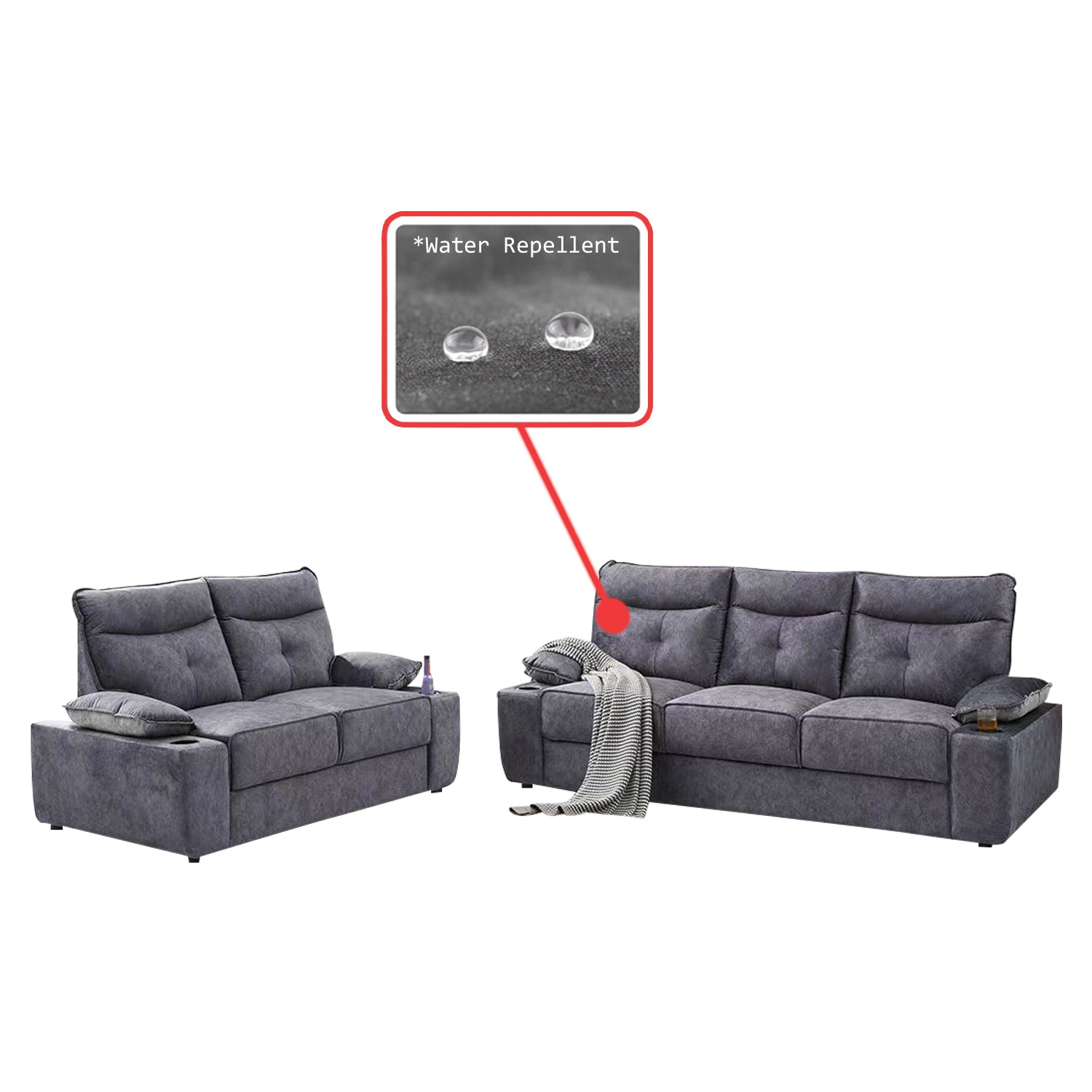 Cheska Series 2-Seater + 3-Seater Sofa Set w/ Bottle Holder Premium Water Repellent Fabric in Grey