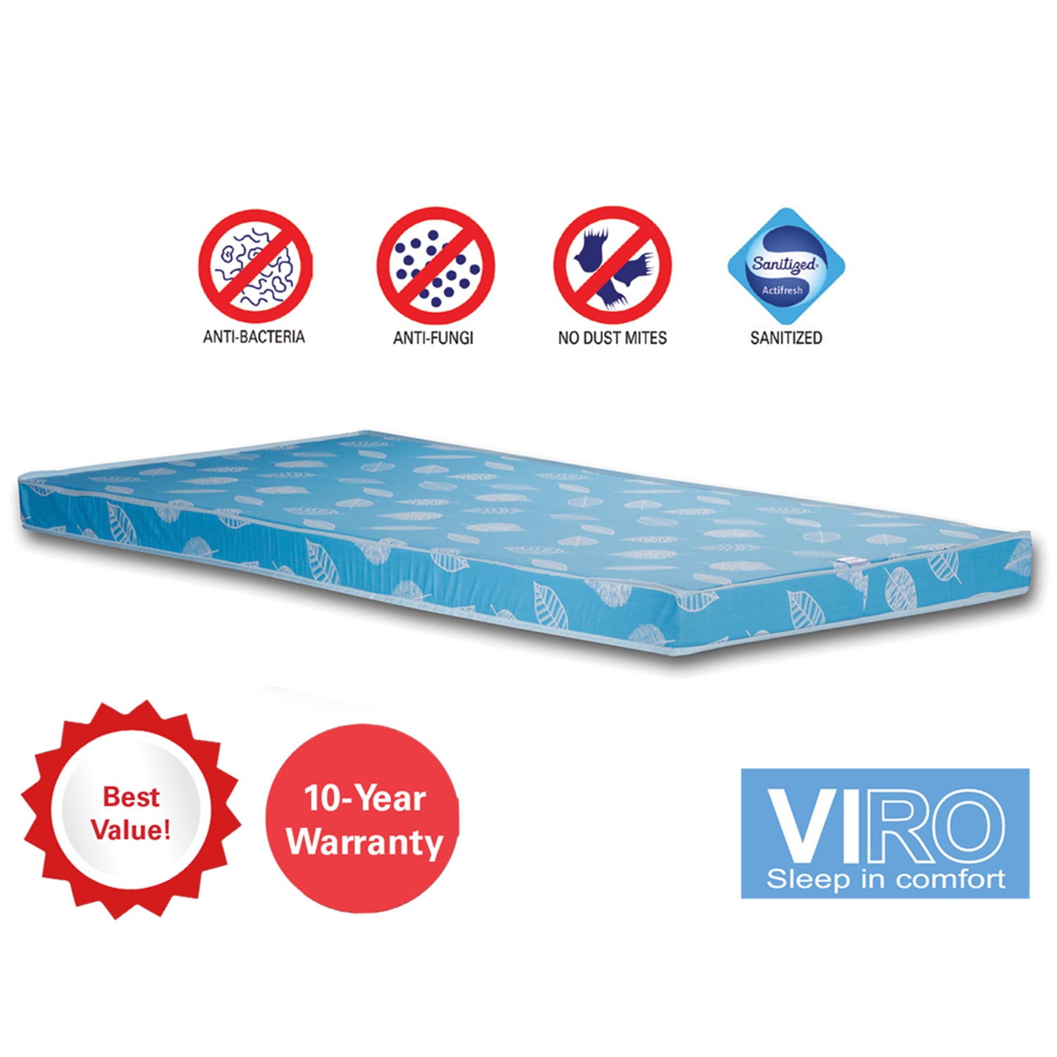 Viro Classic Foam Mattress with Leaf Pattern Sky Blue