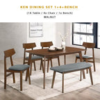 KEN Solid Rubberwood 6 Seater Dining Set with Bench Natural/Walnut