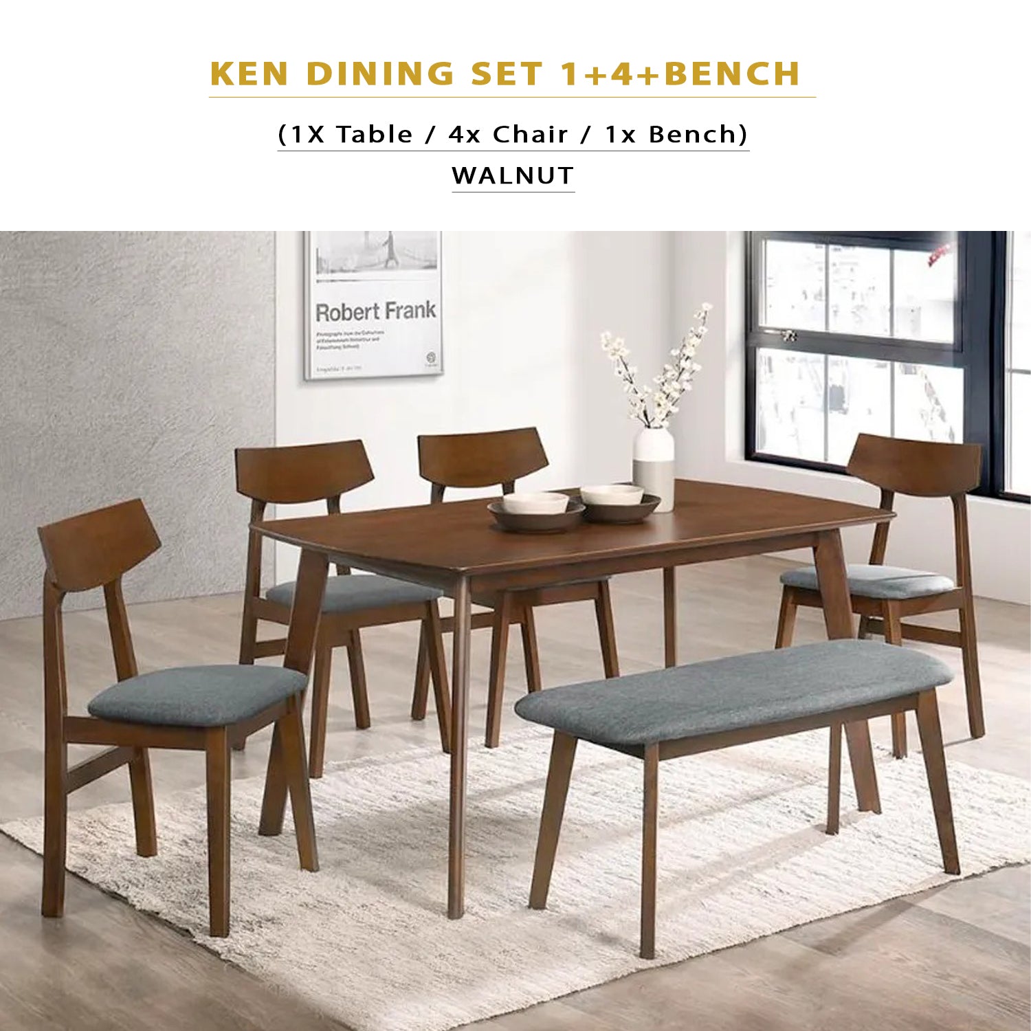 KEN Solid Rubberwood 6 Seater Dining Set with Bench Natural/Walnut