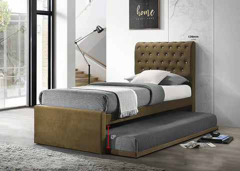 Image of Kyler Single Divan + Pull-Out Type Bed Frame Velvet Fabric Upholstery in Brown Color w/ Mattress Add On