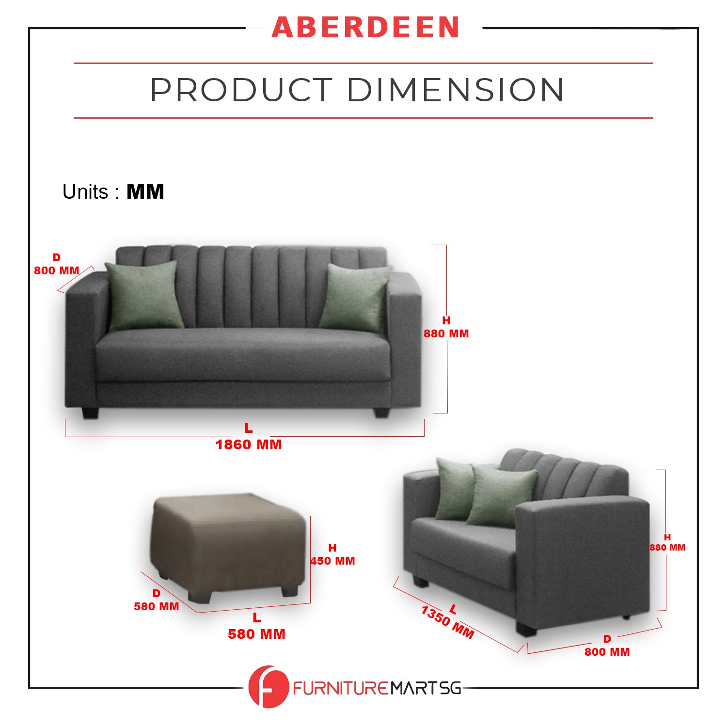 Aberdeen 2 + 3 seater Sofa L-shape with ottoman in 4 Colours
