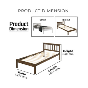Terra Solid Wood Bed (White / Walnut) / Two Color Available / Strong Construction / Solid rubber wood