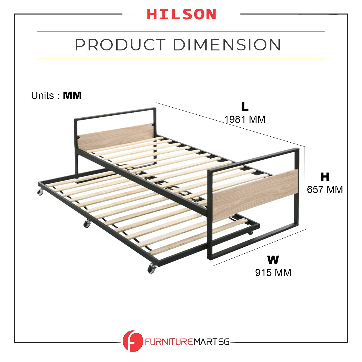 Hilson Single Bed Frame with Pull Out Bed. Add On Mattress Available.