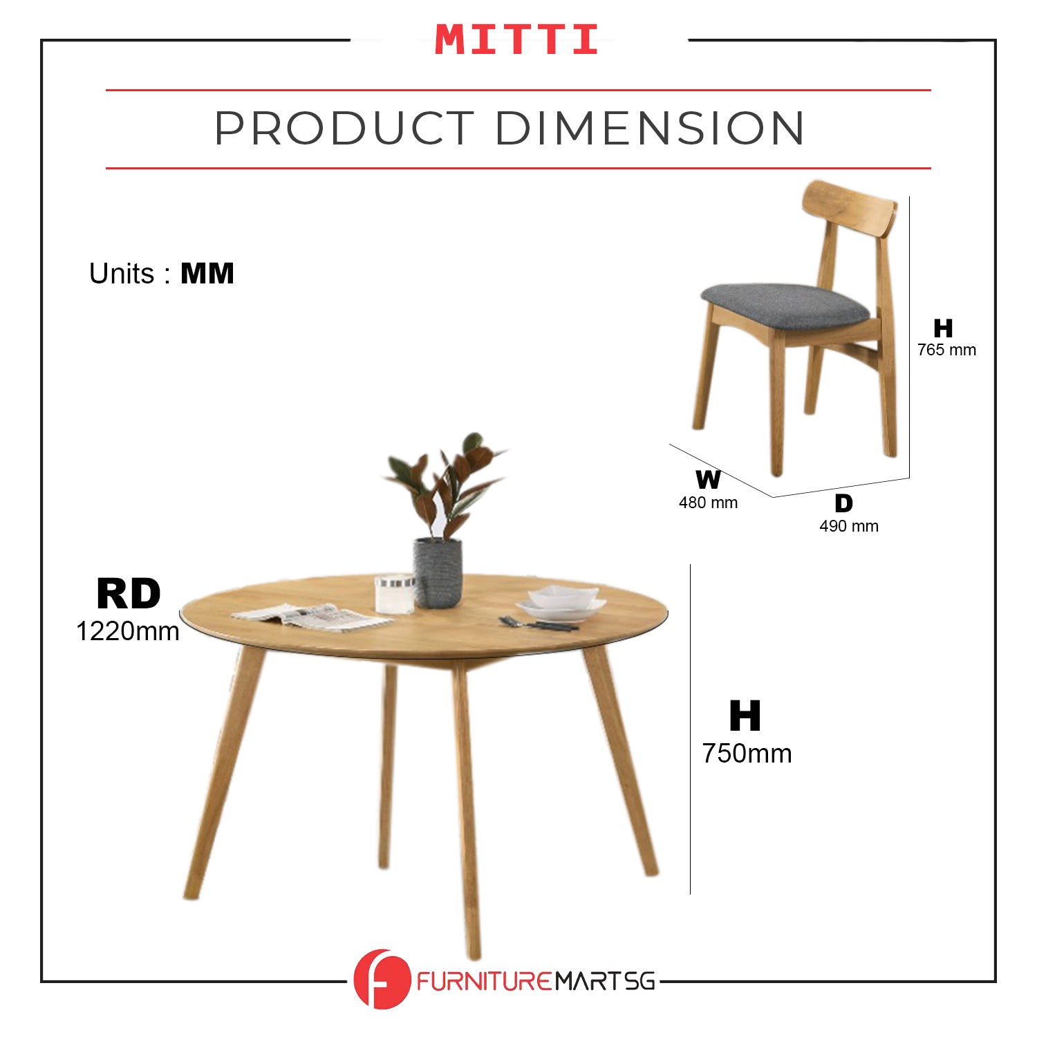 Mitti Round Dining Set Table with Chair in Natural Color