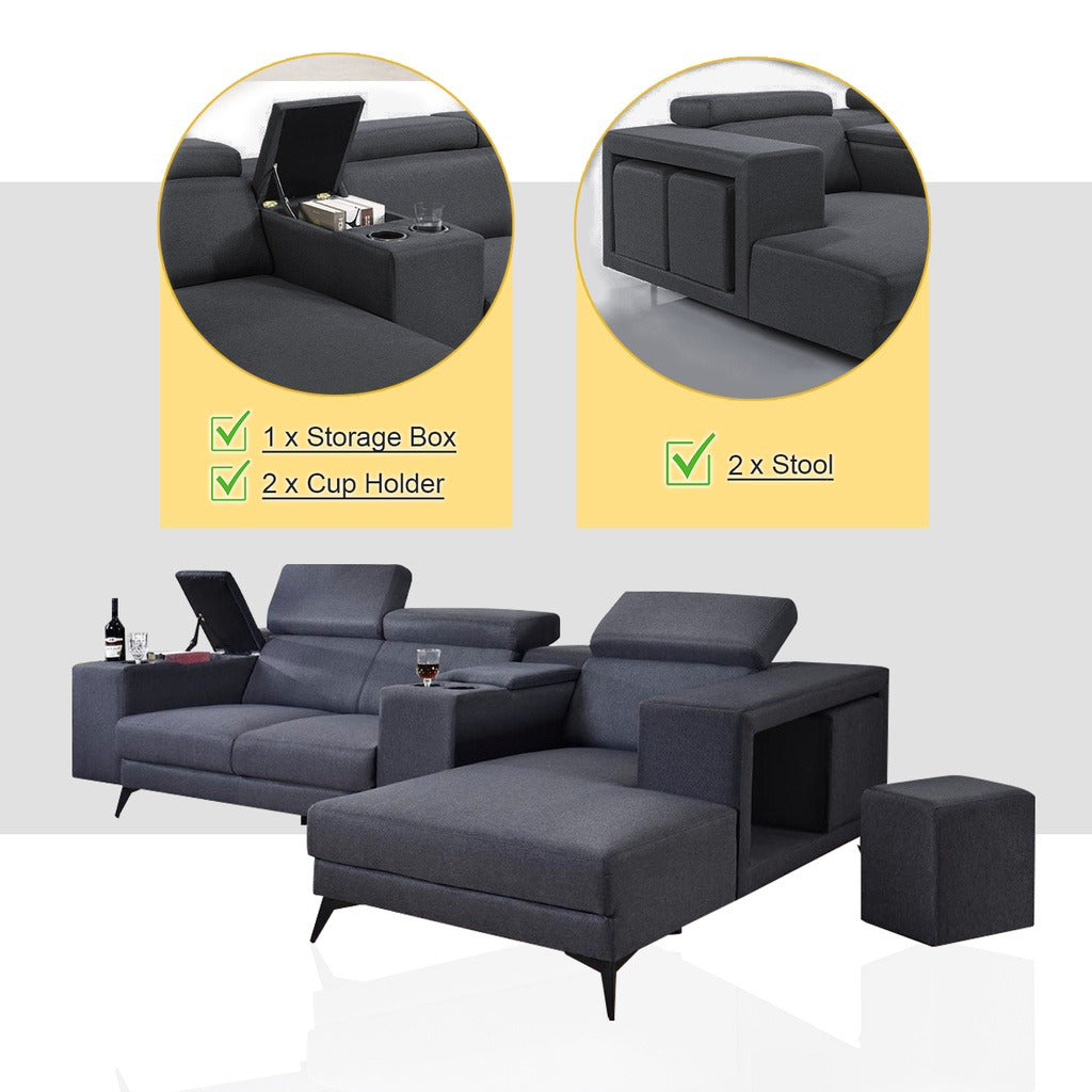 Zeran L-Shaped Sofa with Stool and Storage Upholstered In Premium Grey Color Linen Fabric