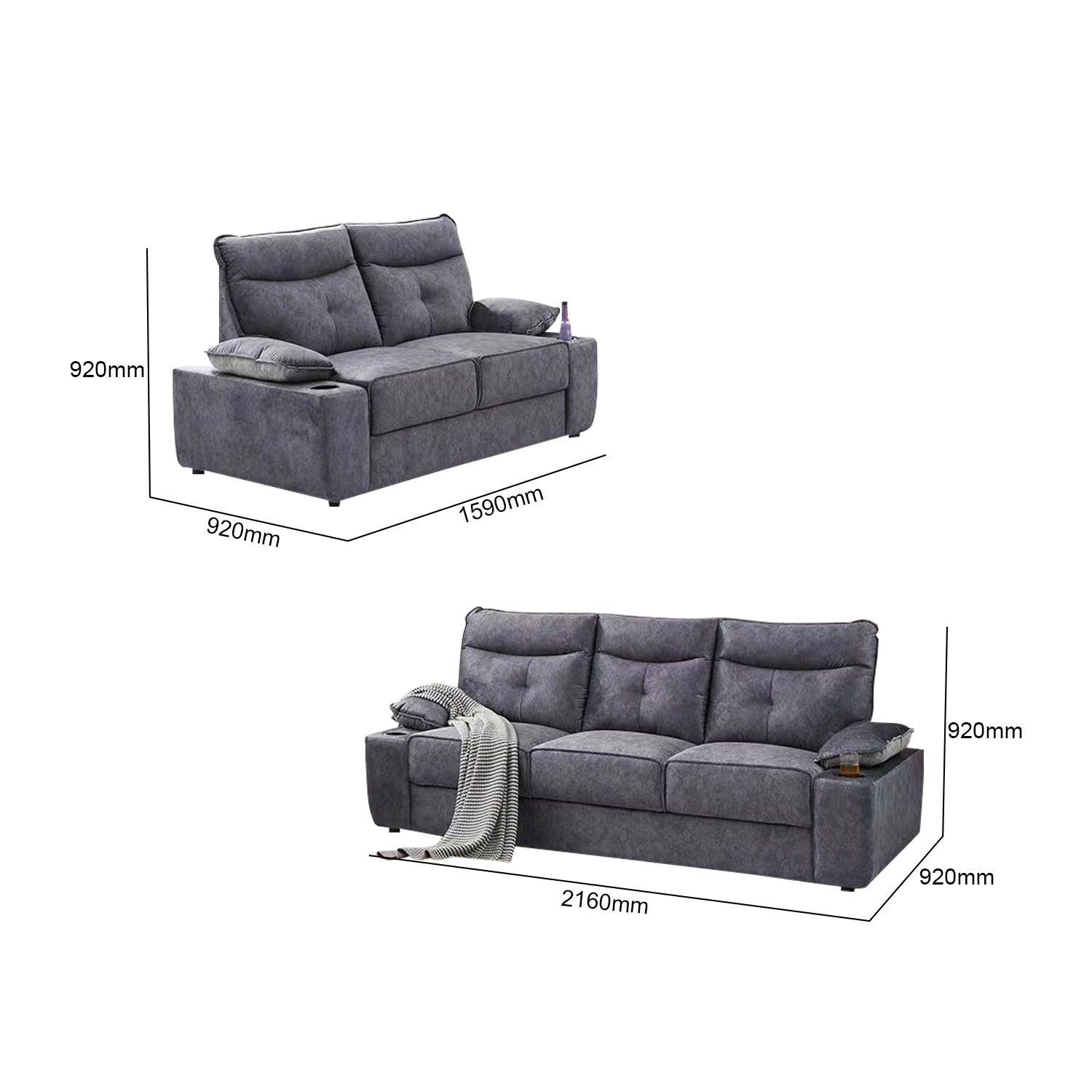 Cheska Series 2-Seater + 3-Seater Sofa Set w/ Bottle Holder Premium Water Repellent Fabric in Grey