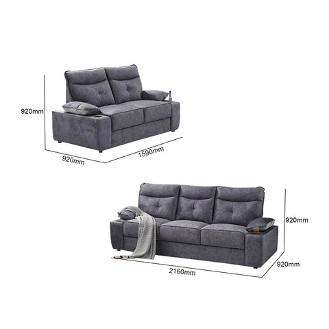 Image of Cheska Series 2-Seater + 3-Seater Sofa Set w/ Bottle Holder Premium Water Repellent Fabric in Grey