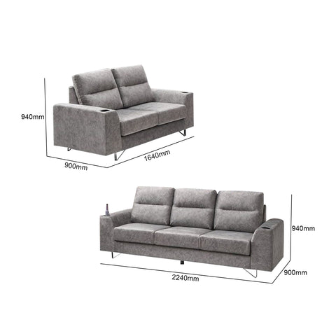 Image of Fellie Series 2-Seater + 3-Seater Sofa Set w/ Bottle Holder Premium Water Repellent Fabric in Grey